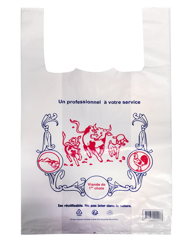 Sacs bretelles VIANDE 50 microns - 28x14x48 cm - COLIS DE 500 EX